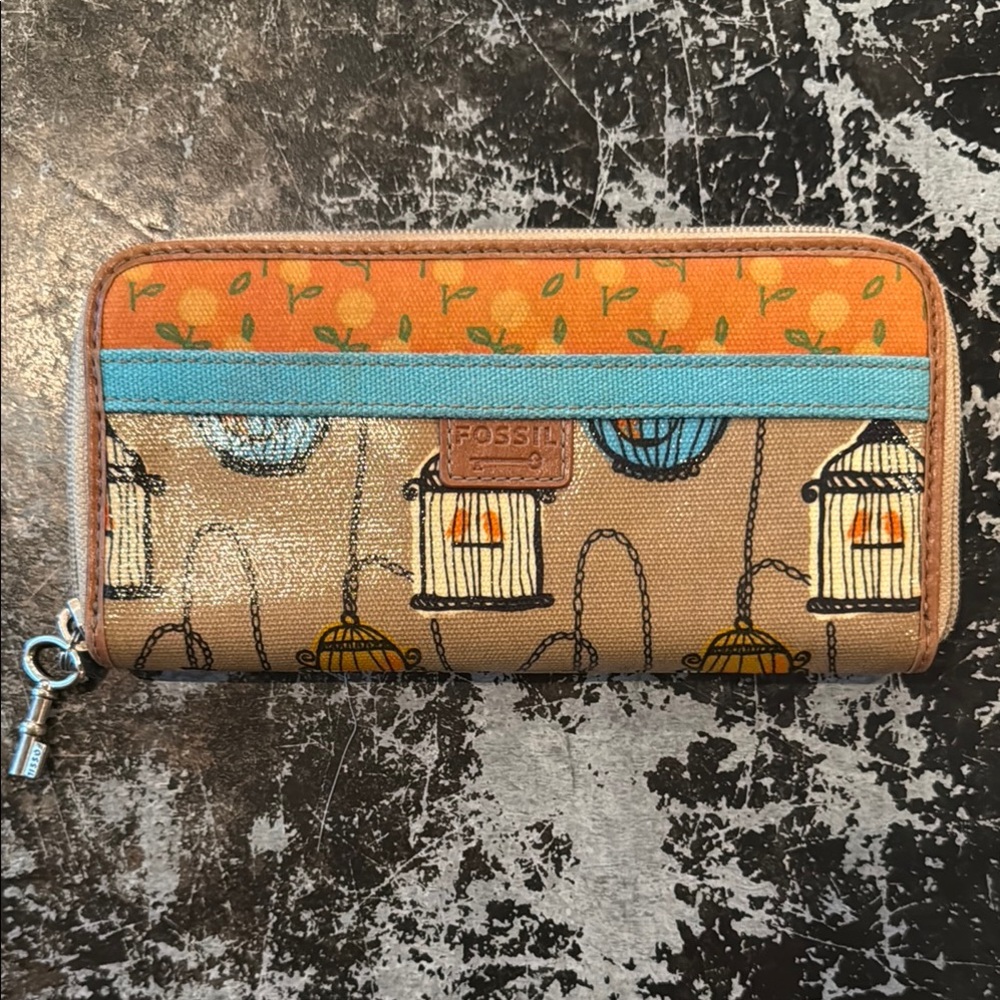 Fossil Birdcage Key Per Coated Canvas Zip Around Wallet